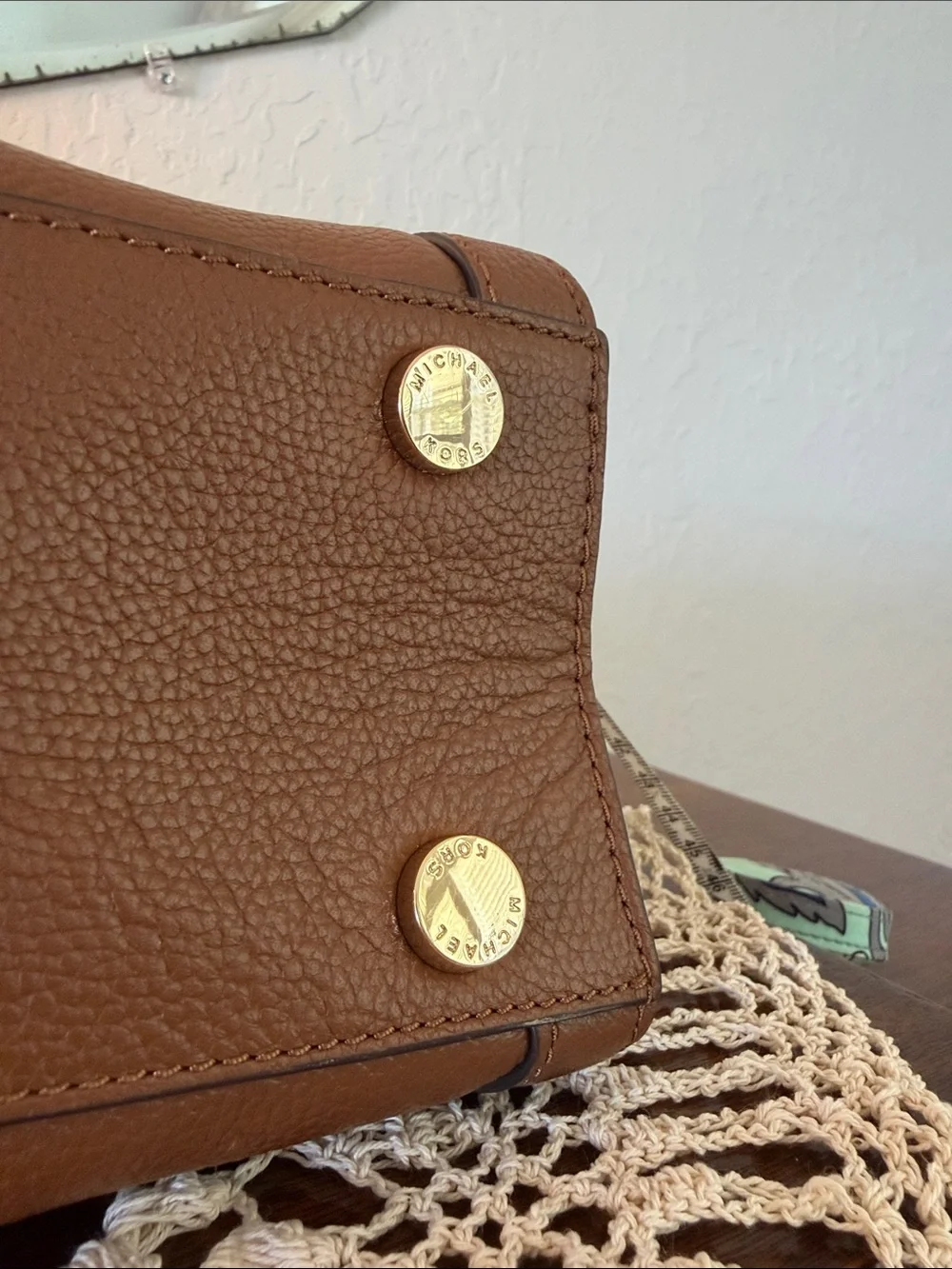 Michael Kors Brown Handbag with Yellow Woven Stripes